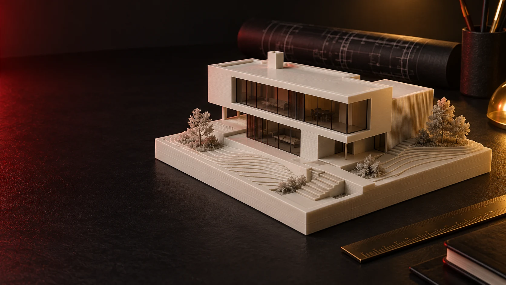 Render conceitual de maquete arquitetônica impressa em 3D sobre mesa de projeto
