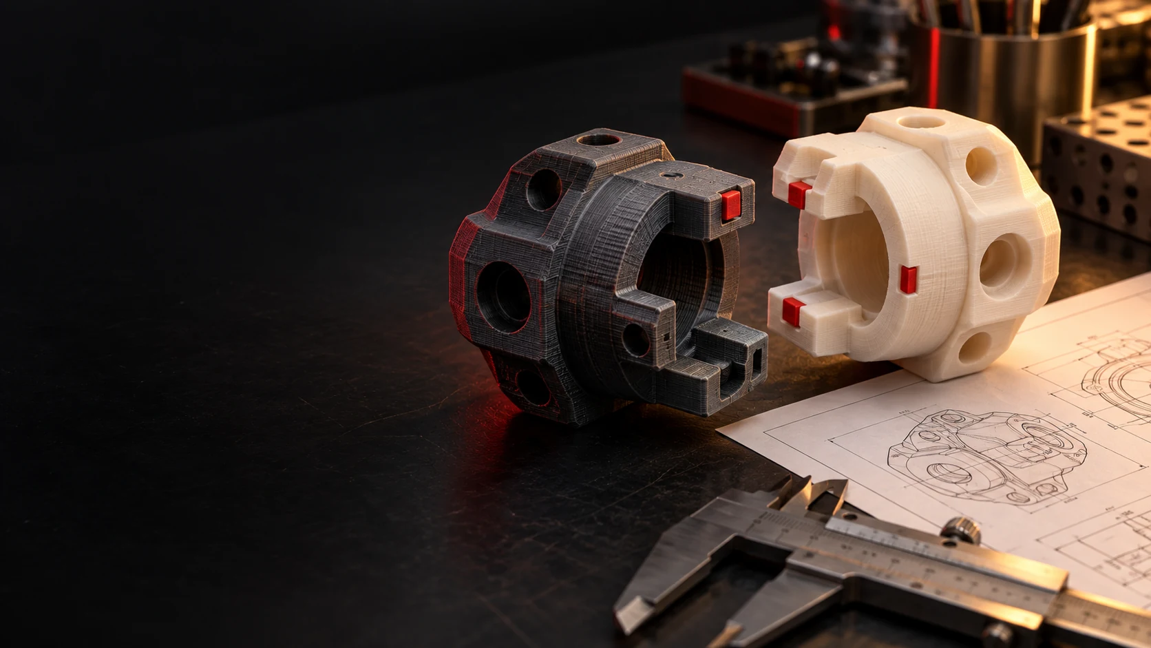 Render conceitual de duas peças impressas em 3D preparadas para teste de encaixe