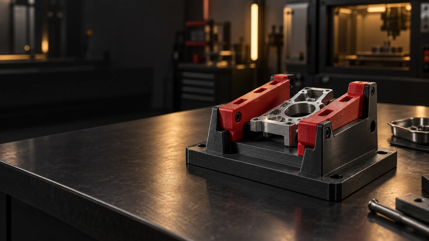 Render conceitual de gabarito impresso em 3D segurando uma peça de teste